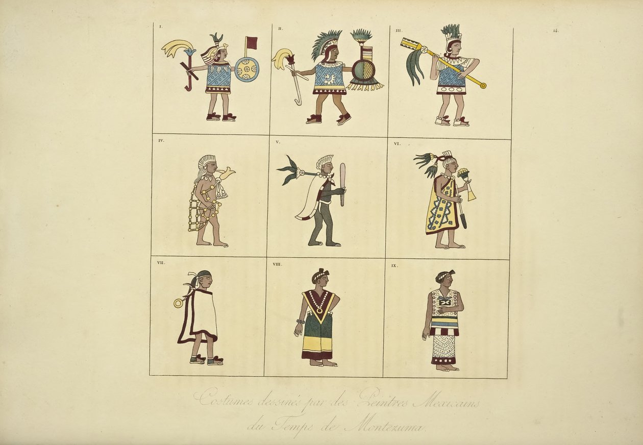 Kostymer designade av de mexikanska målarna från Montezumas tid, illustration från Views of the Cordilleras and Monuments of the Indigenous Peoples of America av Alexander von Humboldt och Aime Bonpland, 1 av French School