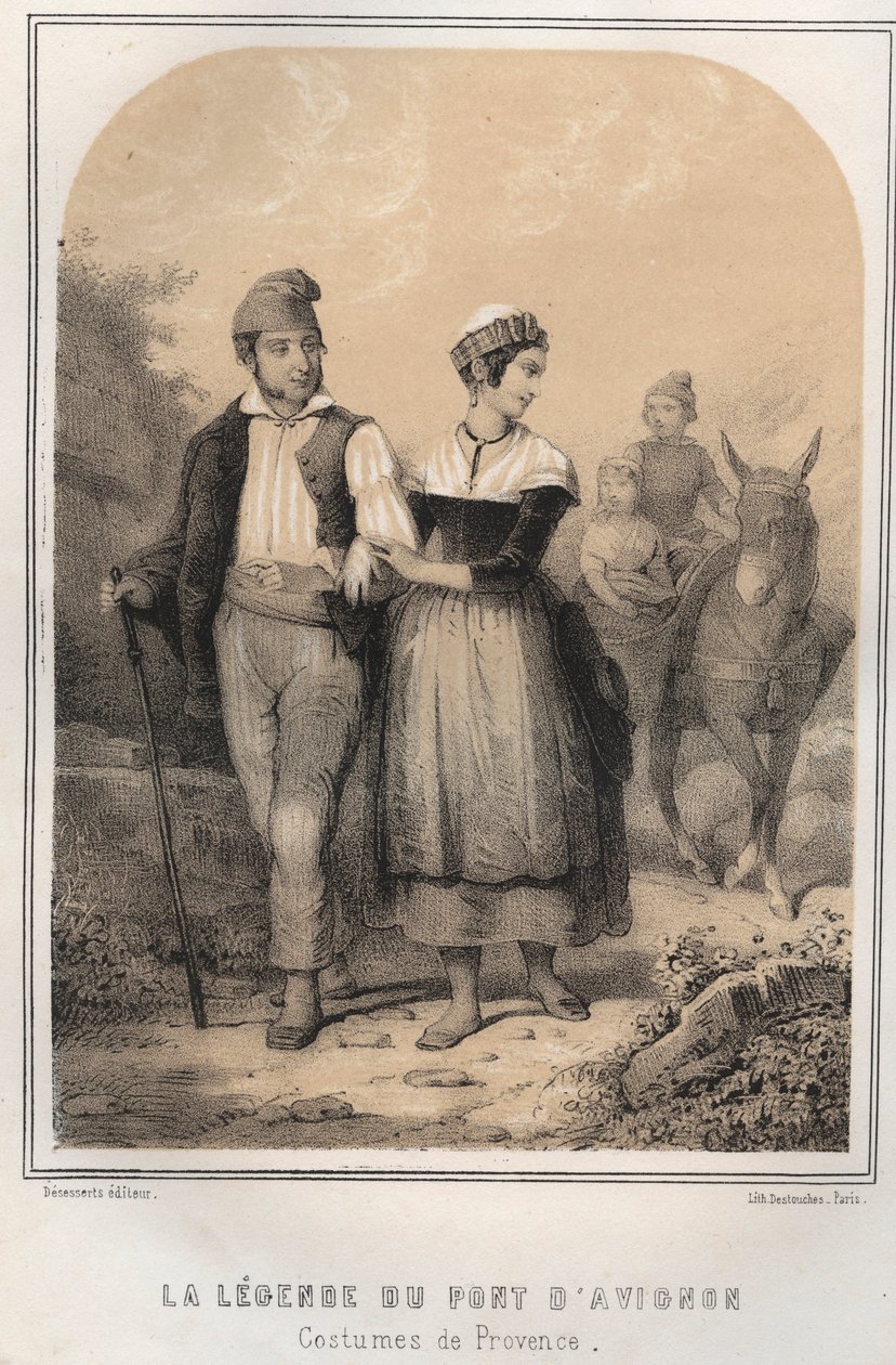 Costumes de Provence - legenden om bron i Avignon - gravyr i "THE SOURIES OF MON ONCLE MEMORIES ET RECITS DE Voyages" av MORING MICHEL - Slutet av 1800-talet av French School