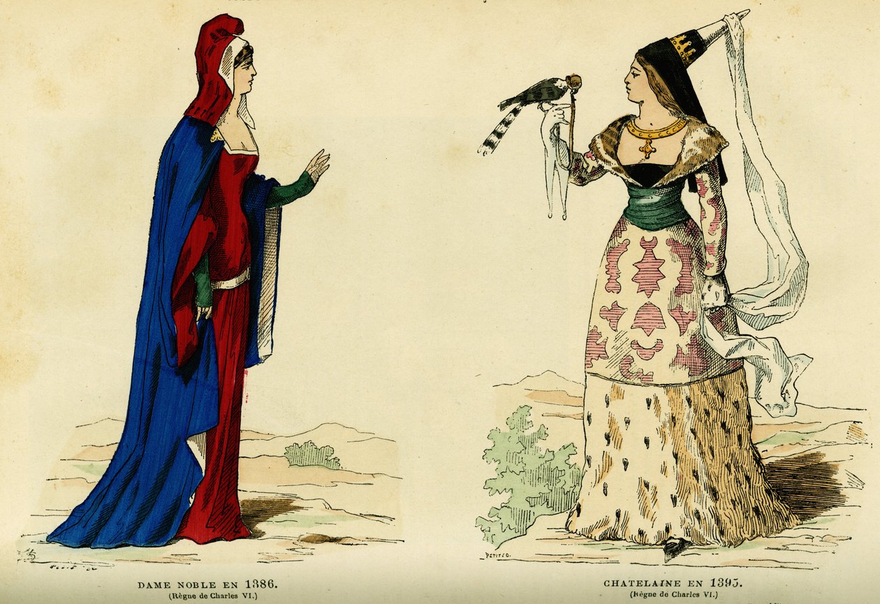 Dräkt för adlig dam 1386 och för chattelänka 1395 (Karl VII:s regeringstid 1403-1461). Färggravyr, i "France et les francais a travers les centuries" av Augustin Challamel, F.Roy editor, Paris 1882. Selva-samlingen. av French School