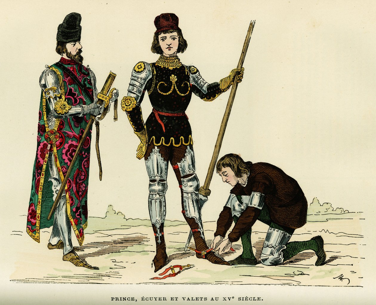 Dräkter av prins, av hans ecus och hans betjänt, på 1400-talet. Färggravyr, i "France et les francais a travers les centuries"" av Augustin Challamel, F.Roy redaktör, Paris 1882. Selva Collection. av French School