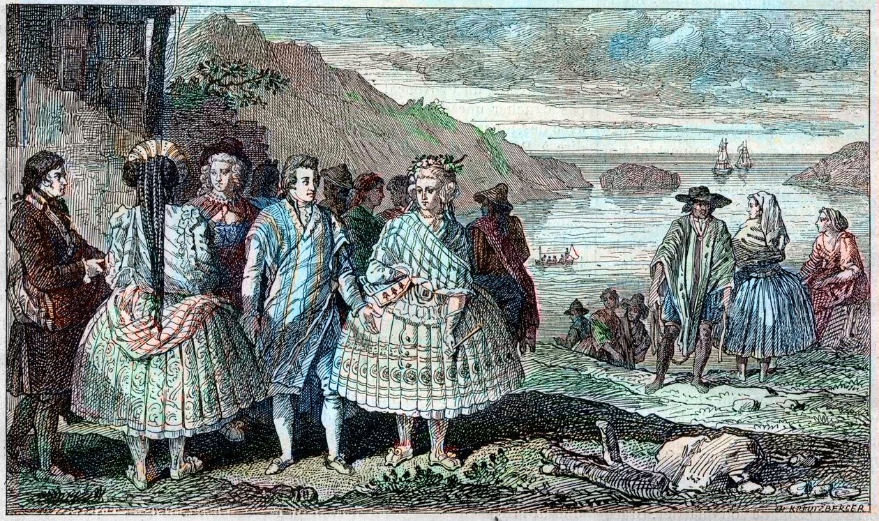 Kostymer för invånarna i La Conception (Chile) - Atlas du Voyage de La Perouse (Laperouse) runt om i världen under åren 1785-1788, Paris 1797. av French School
