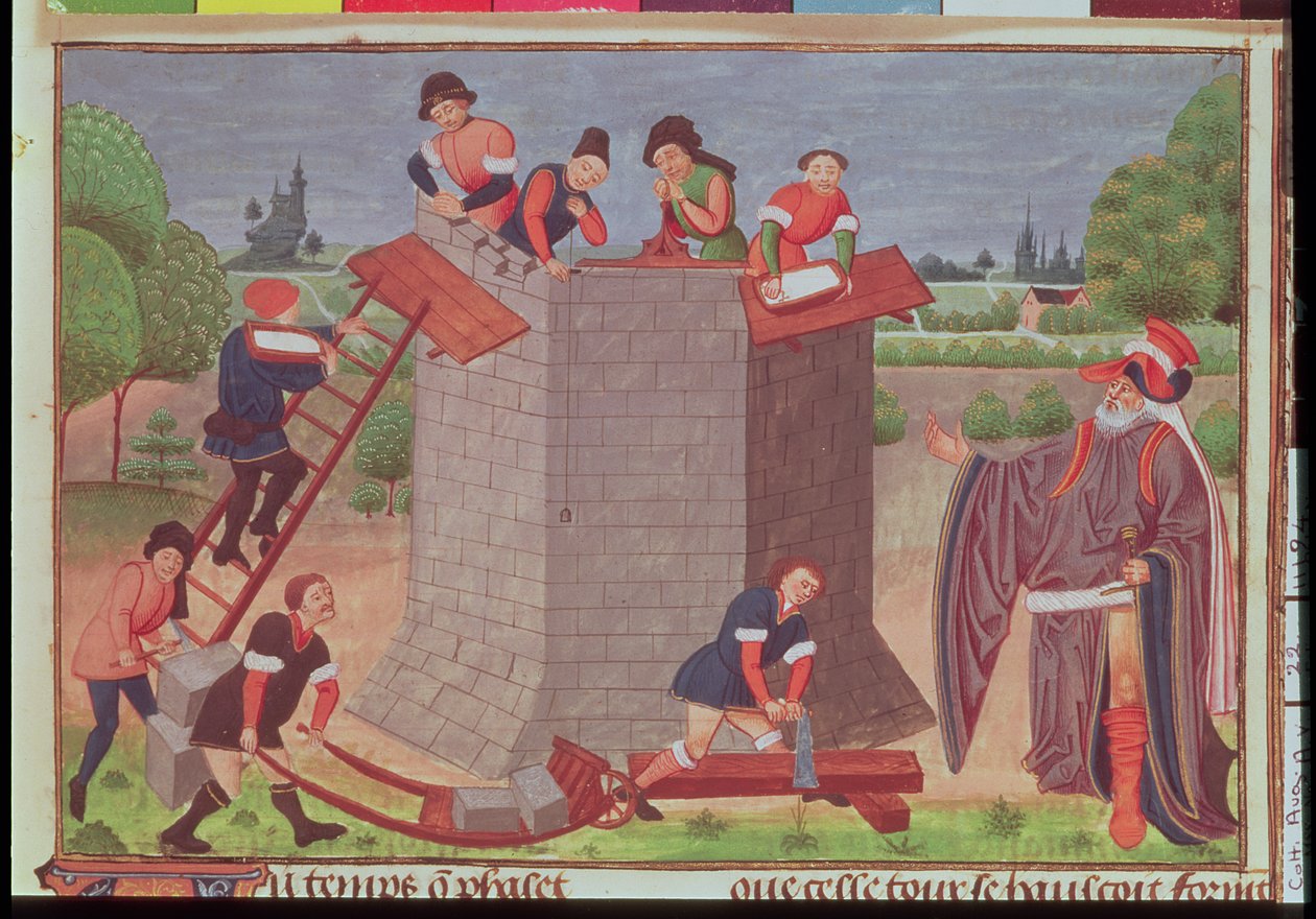 Cott Aug V fol.22 Building the Tower of Babel, miniatyr från 