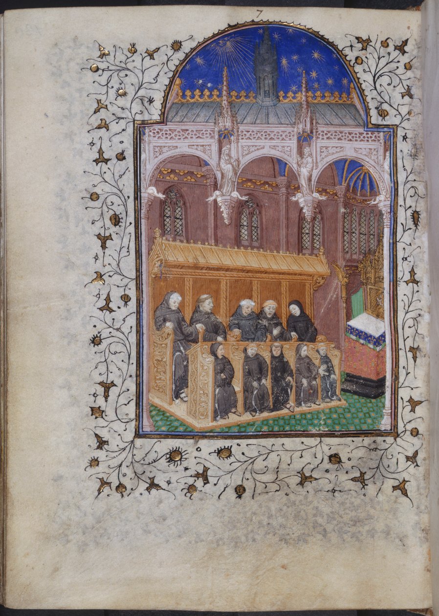 Cott Dom A XVII f.122v Svartklädda munkor som sjunger i kör, från Henrik VI:s psalter, Paris, c.1420 (vellum) av French School
