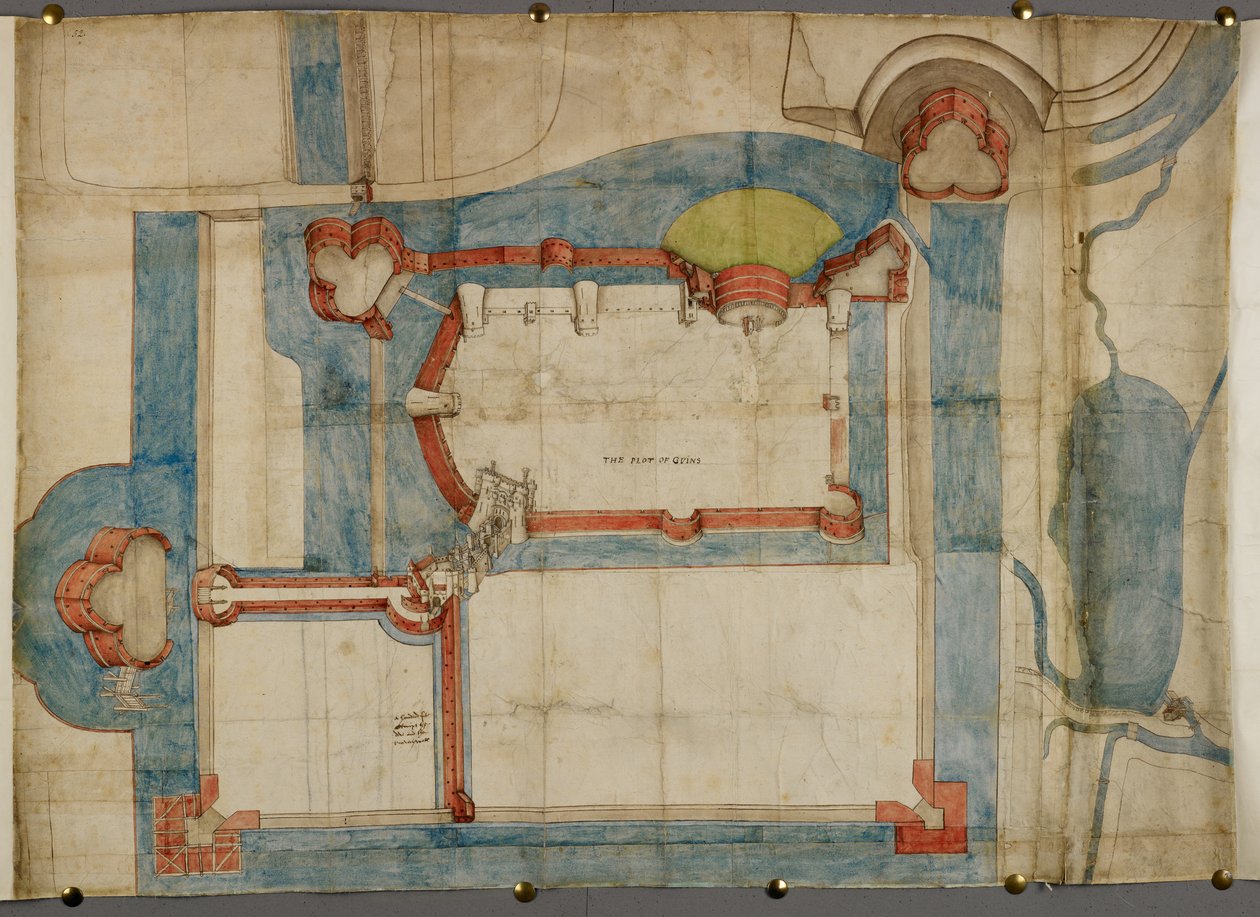 Bomull Augustus I ii 52, En färgad plan av Guînes slott omkring 1540 (pergament) av French School