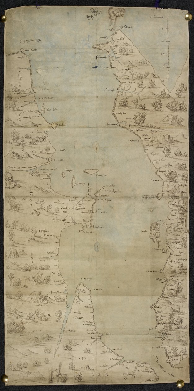 Cotton Augustus I ii f.65 Karta över Engelska kanalen (engelska sydkusten och franska nordkusten) av Jean Rotz av French School