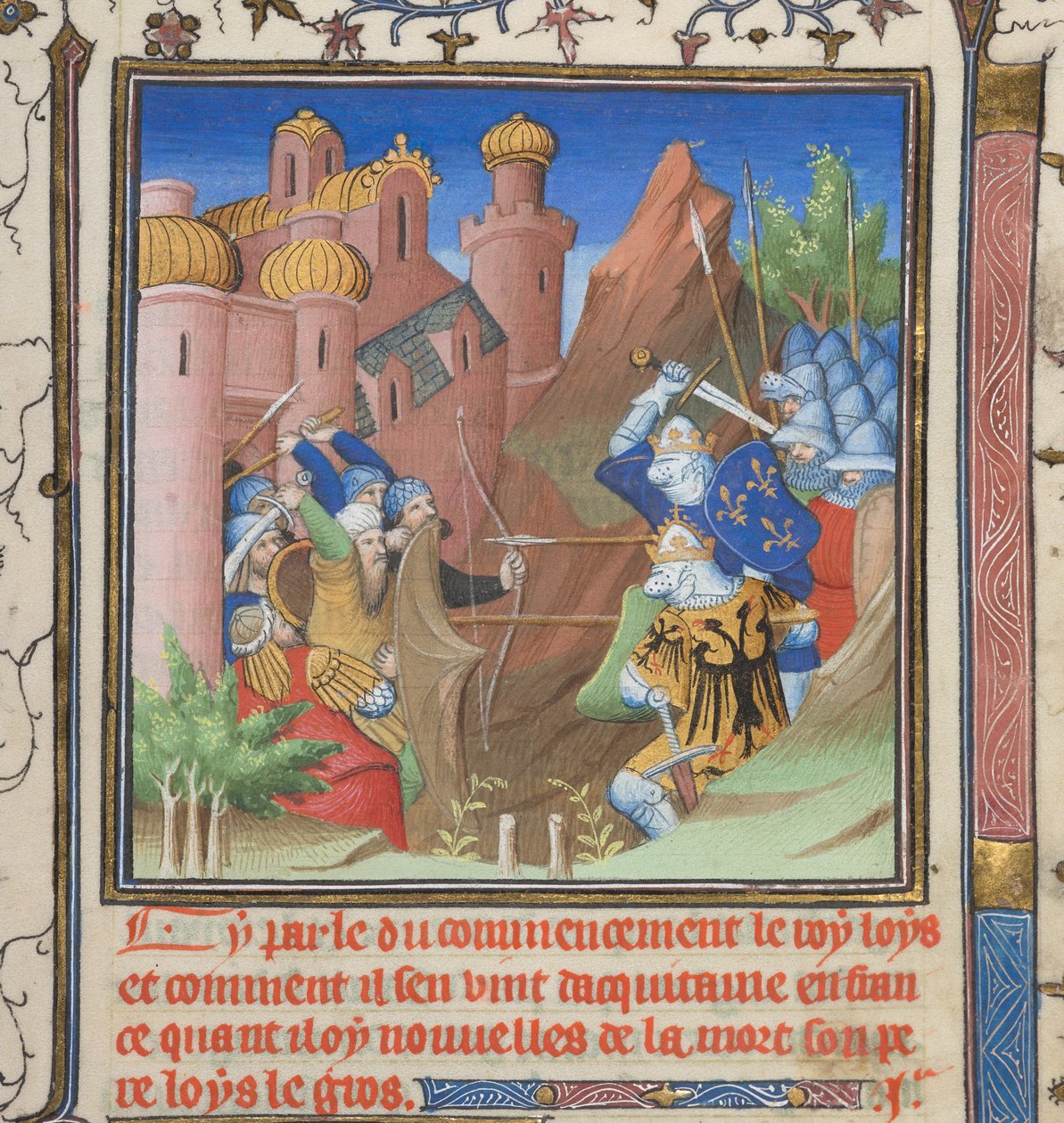 Cotton Nero E II pt.1, f.222, Slaget vid Ludvig VII och hans far, från Grandes Chroniques de France av French School