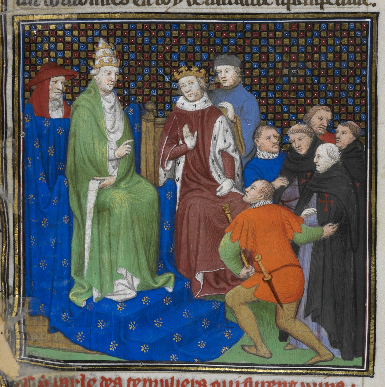 Cotton Nero E II pt2 fol.100v Tempelherrarna före Philippe IV (1268-1314) och påven Clemens V (c.1260-1320), från 