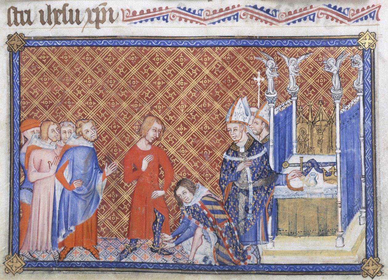 Bomull Tiberius B VIII f.48v Filip den djärve, hertig av Bourgogne västar Kung Karl V med sporrarna, illustration från 