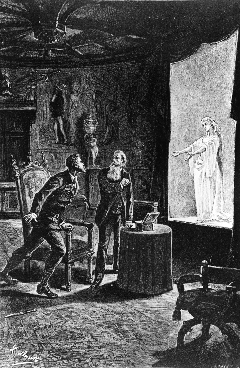 Greve Franz de Telek tror att han ser sin tidigare älskare La Stilla, illustration till The Carpathian Castle av Jules Verne, publicerad av Hetzel, 1892 av French School