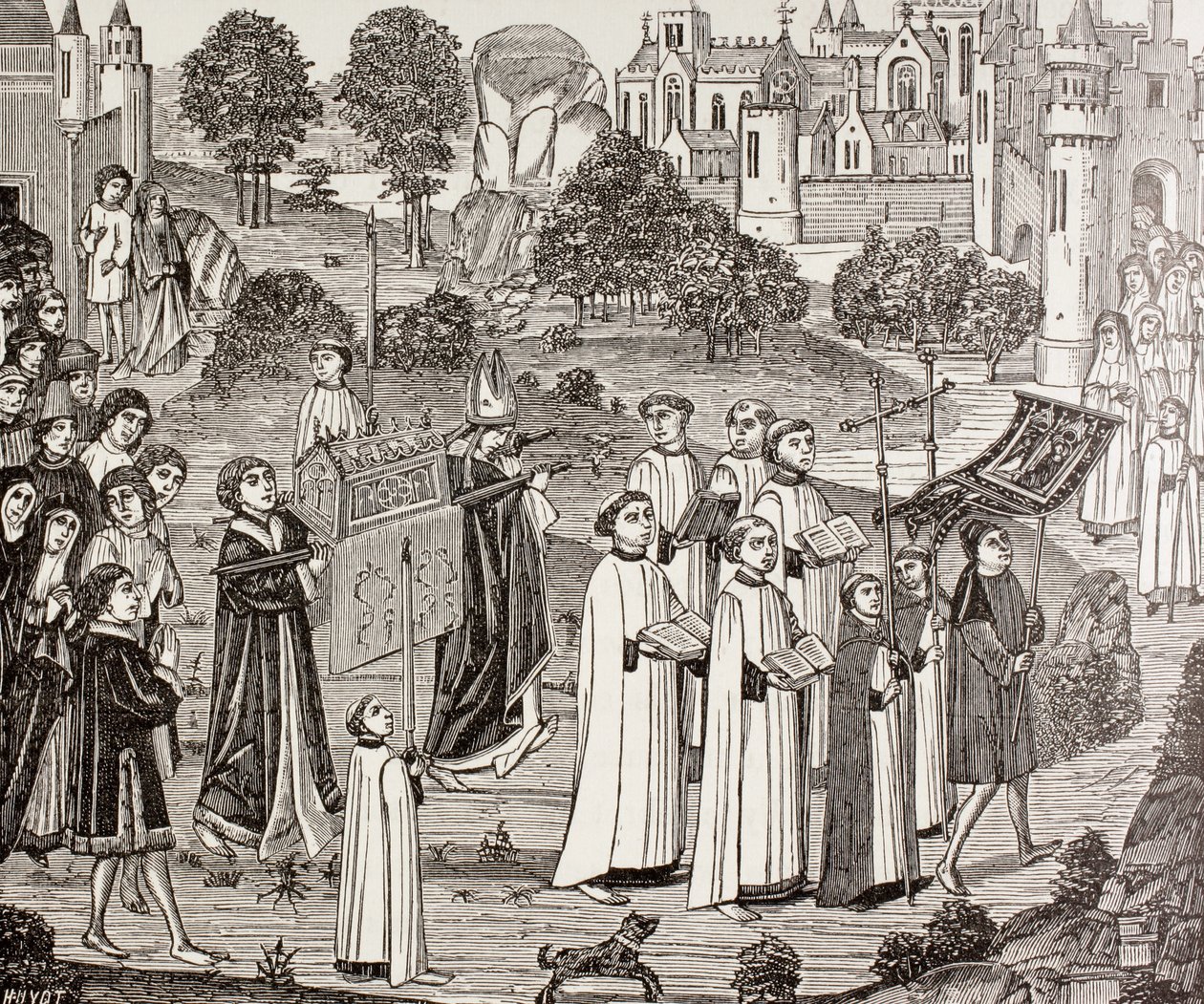 Greve Renier bär kroppen av Saint Veronica till St. Waudru-kyrkan i Mons, från "Militärt och religiöst liv under medeltiden" av Paul Lacroix, publicerad i London ca 1880 av French School