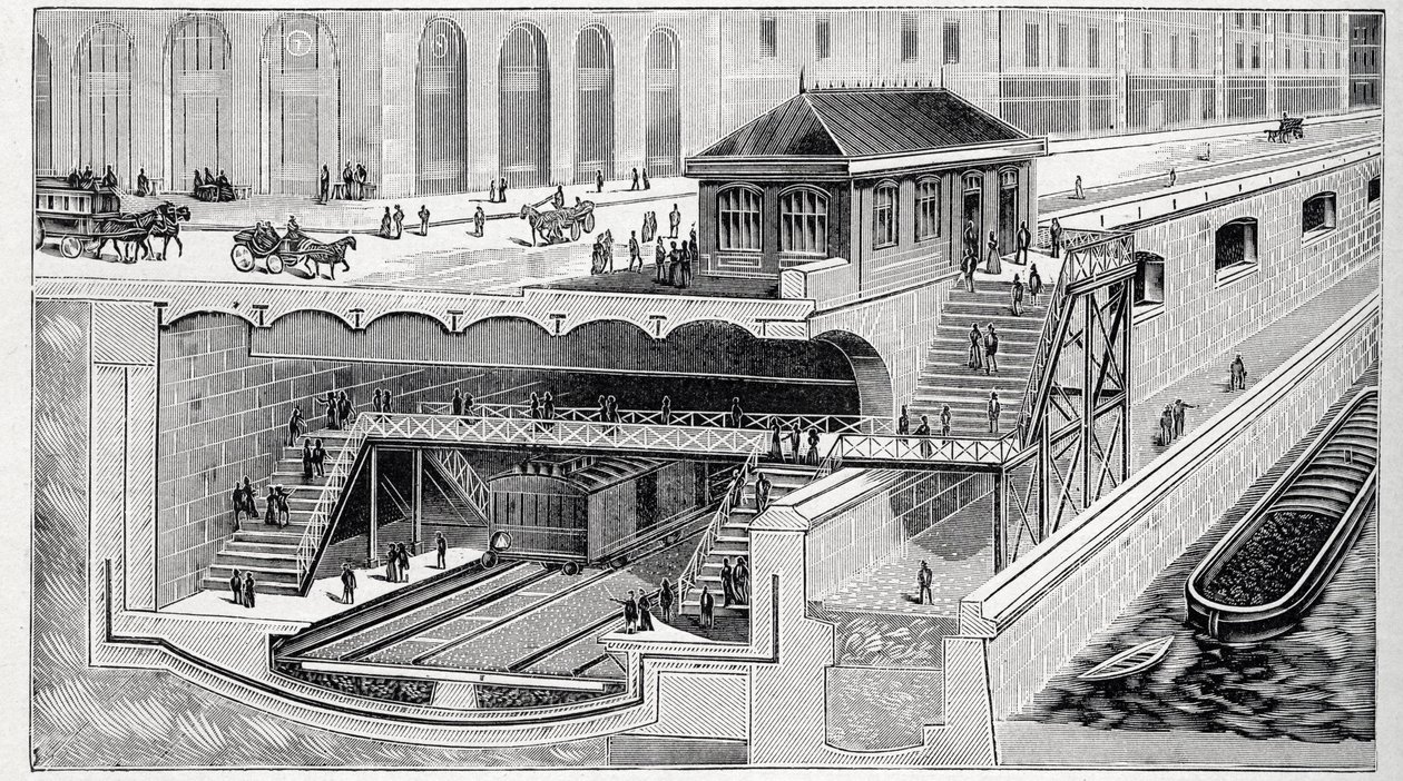 Tvärsnitt av Saint Michel-stationen i Paris i ""La nature"" 1899 av French School