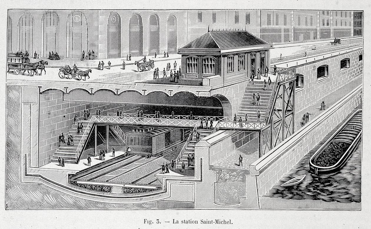 Sektion av tunnelbanestationen St Michel i Paris i ""La nature"" 1899 av French School