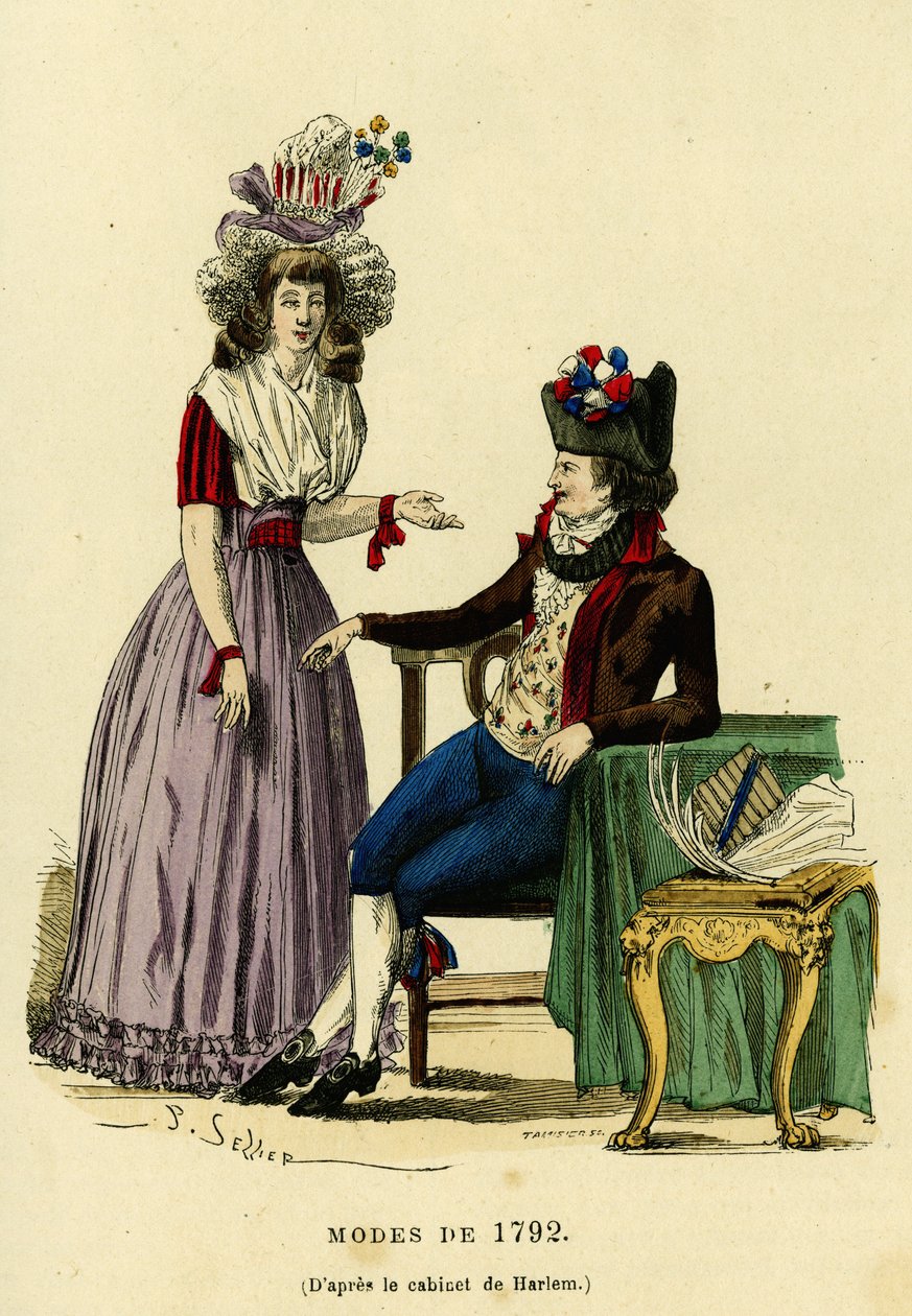 Par i mode från 1792. Färgstick efter ritningen av Harlems kabinett, i "France et les francais a travers les siecles"" av Augustin Challamel, F.Roy-redaktör, Paris 1882. Selva Collection. av French School