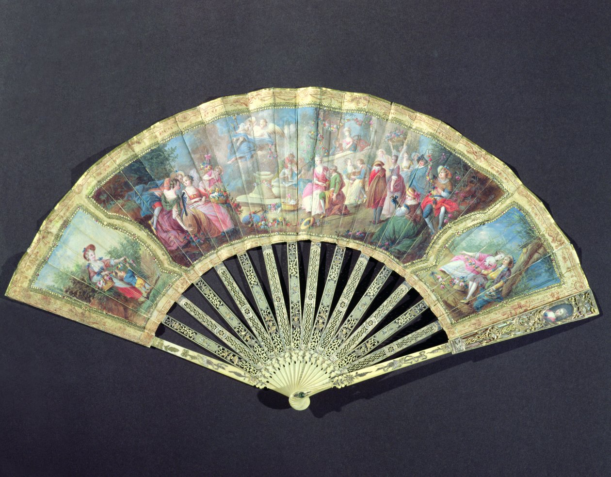 Court Fan, franska, 1700-tal (elfenben och wc på papper) av French School