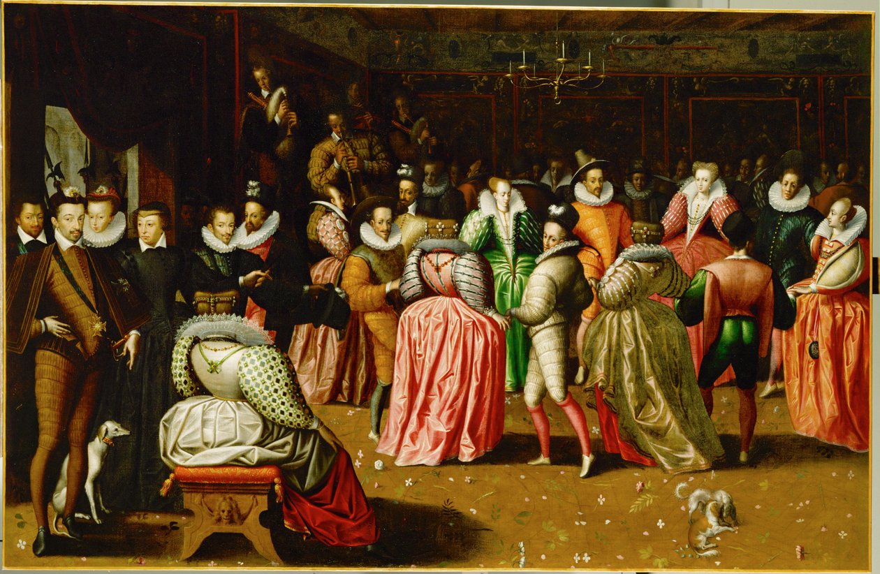 Hovbal på Palais du Louvre i samband med bröllopet mellan Anne, Duc de Joyeuse ... av French School