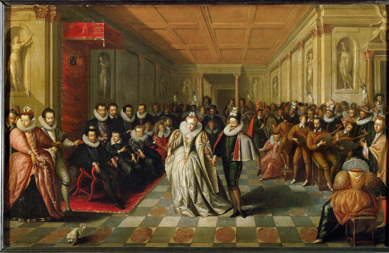 Hovbal på Palais du Louvre i samband med bröllopet mellan Anne, Duc de Joyeuse ... av French School