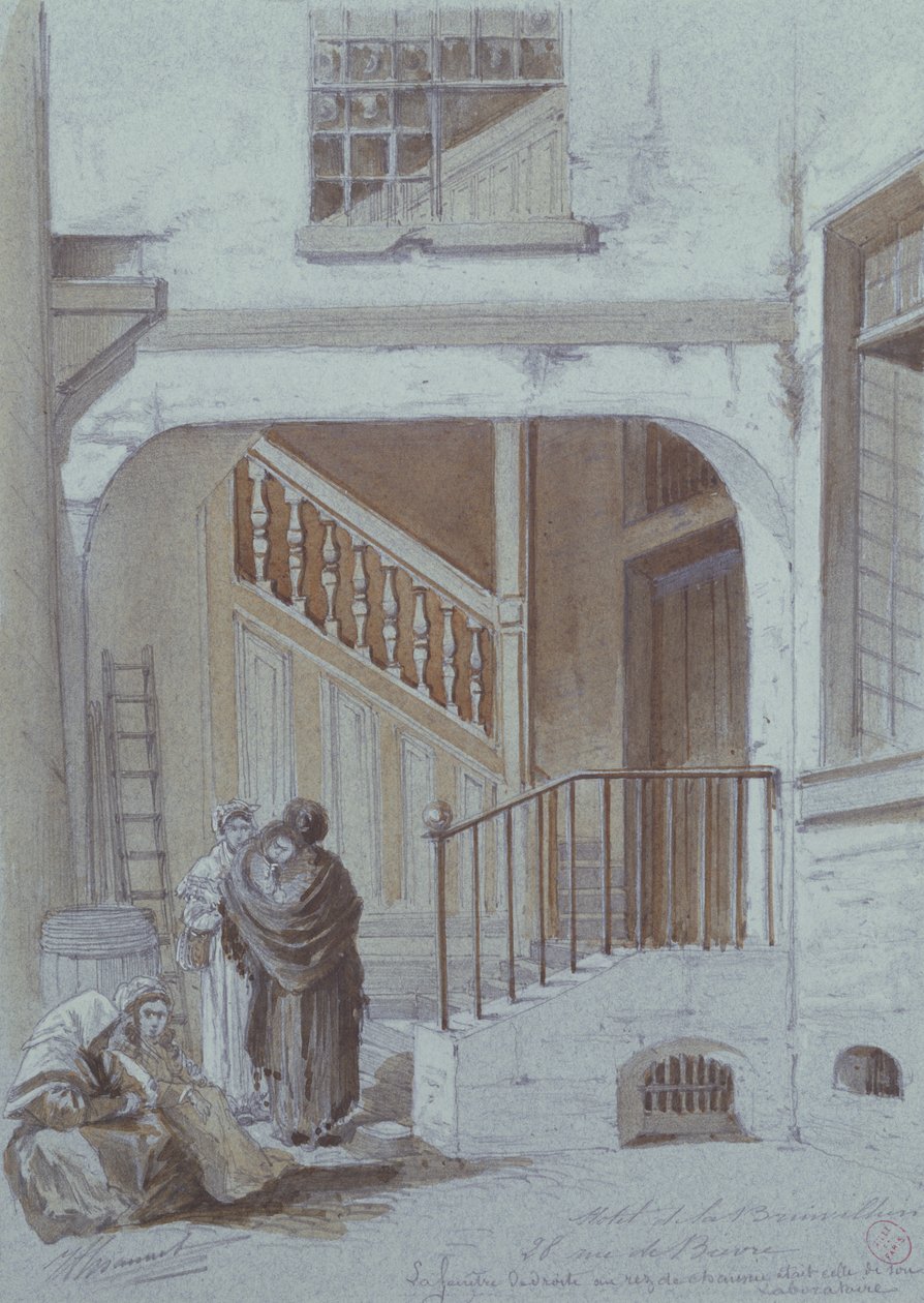 Innergård och laboratorium för Marquise de Brinvilliers, 28 rue de Bievre, Paris (krita och gouache på papper) av French School