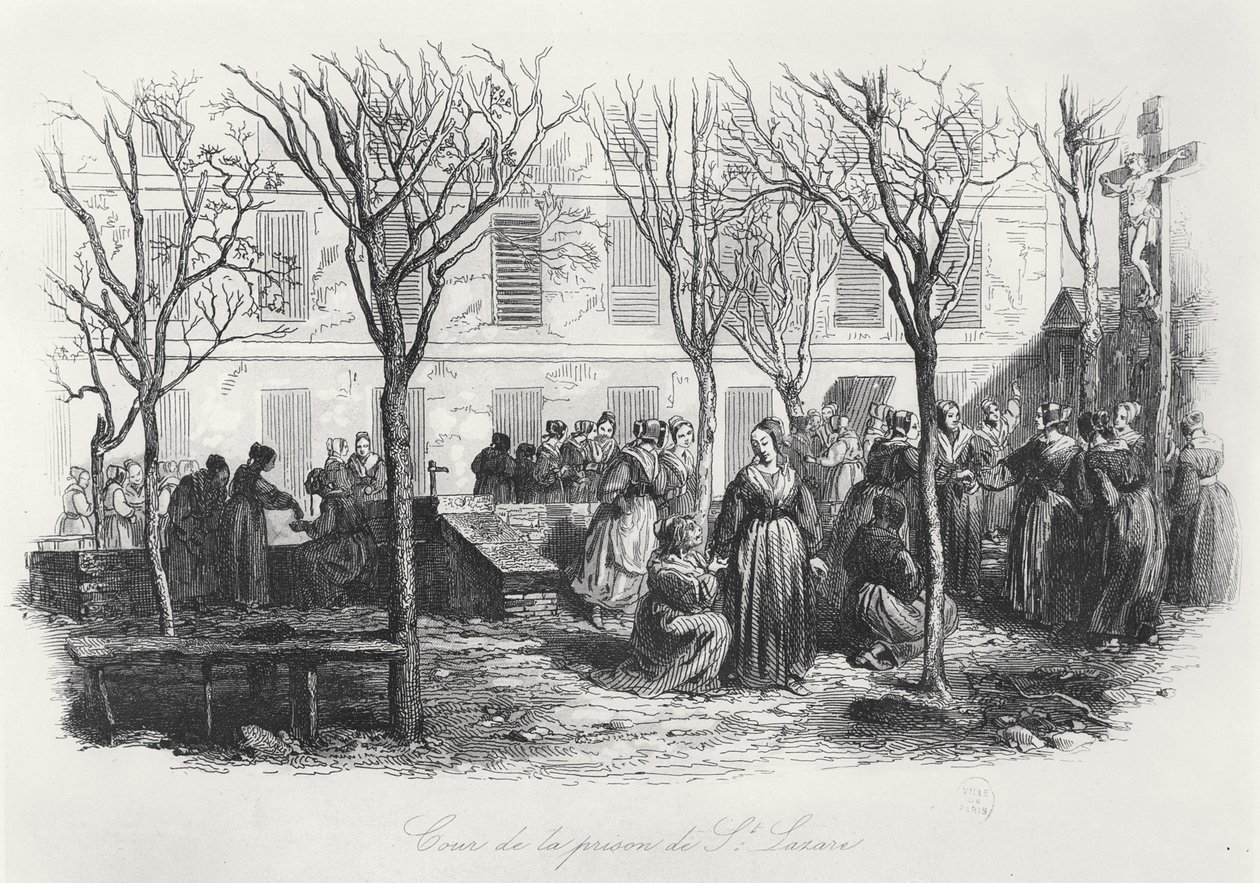 Gården till Paris St. Lazare-fängelset, ca. 1840 av French School