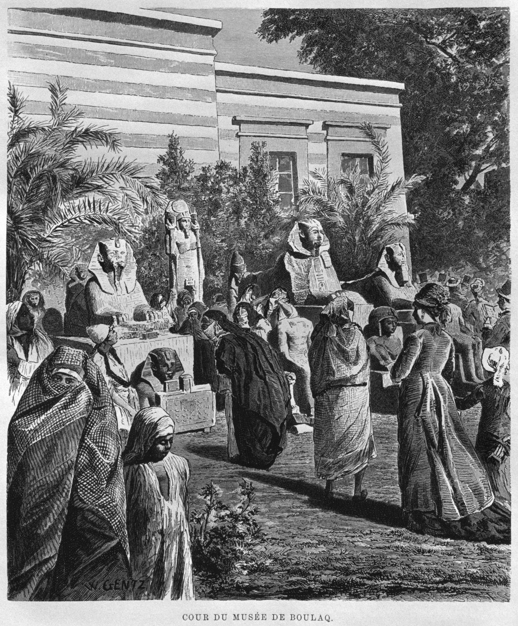 Museets innergård, Bulaq, från LEgypte av Georg Moritz Ebers (1837-98), 1881 (bw gravyr) av French School