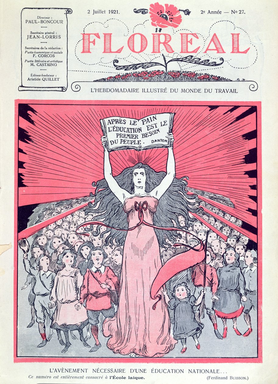 Omslag till tidskriften Floreal som firar fyrtioårsjubileet för Ecoles Laiques i Frankrike, 2 juli 1921 av French School