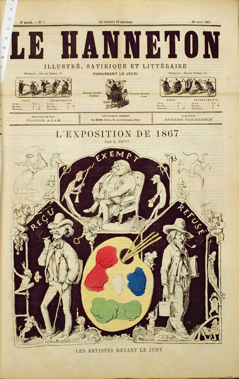 Omslag till Le Hanneton, föreställande The Artists Before the Jury vid 1867 års utställning, 28 mars 1867 av French School