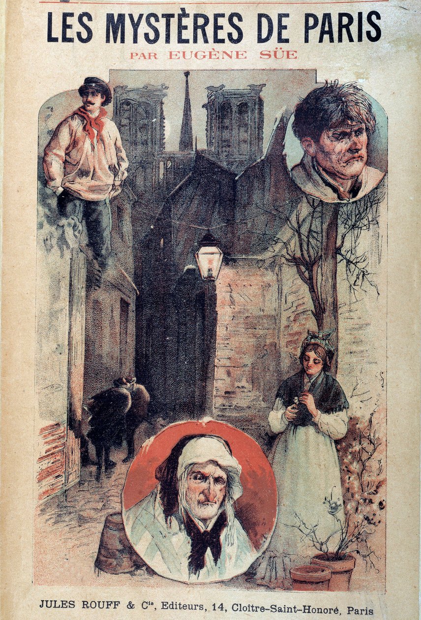 Omslag till "" Les mysteres de Paris"" av Eugene Sue (1804-1857), utsikt över en parisisk gränd och karaktärer av French School