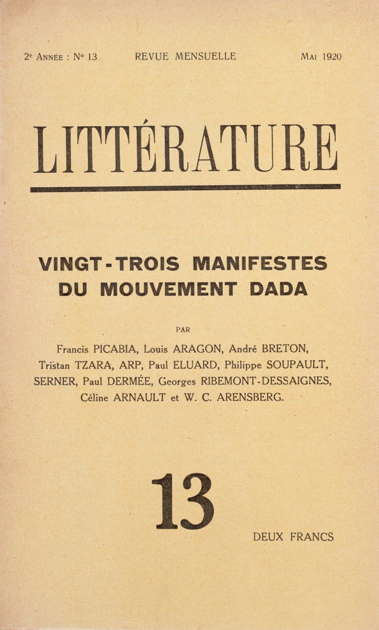 Månatlig litterär tidskrift om litteratur omslag tillägnad Dada-rörelsen, maj 1920 av French School