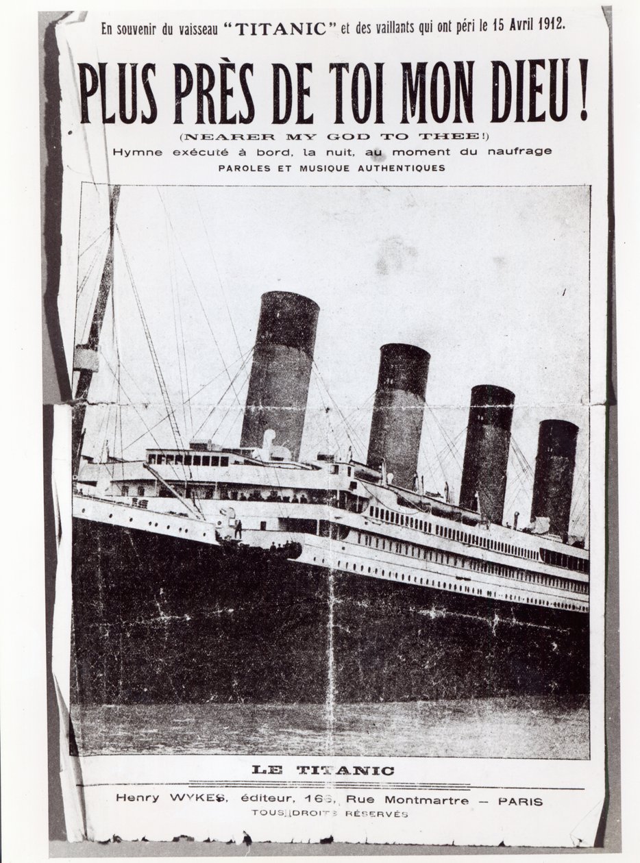 Omslag till partiturarket till Hymn Nearer My God to Thee, som sjöngs av passagerarna på Titanic under dess skeppsbrott och förlisning, 1912 av French School