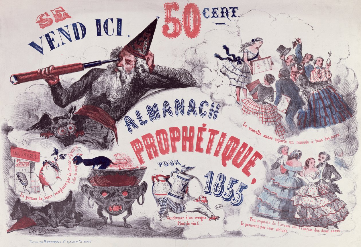 Omslag till en profetisk almanacka föreställande Nostradamus, 1855 av French School