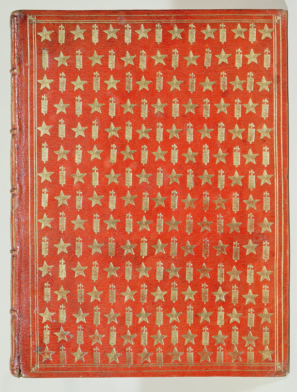 Omslag till en bok som ägs av kardinal Mazarin, med efterbehandlingen visar kardinalernas emblem av stjärnor och fasces, 1644 (läder och förgyllning) av French School