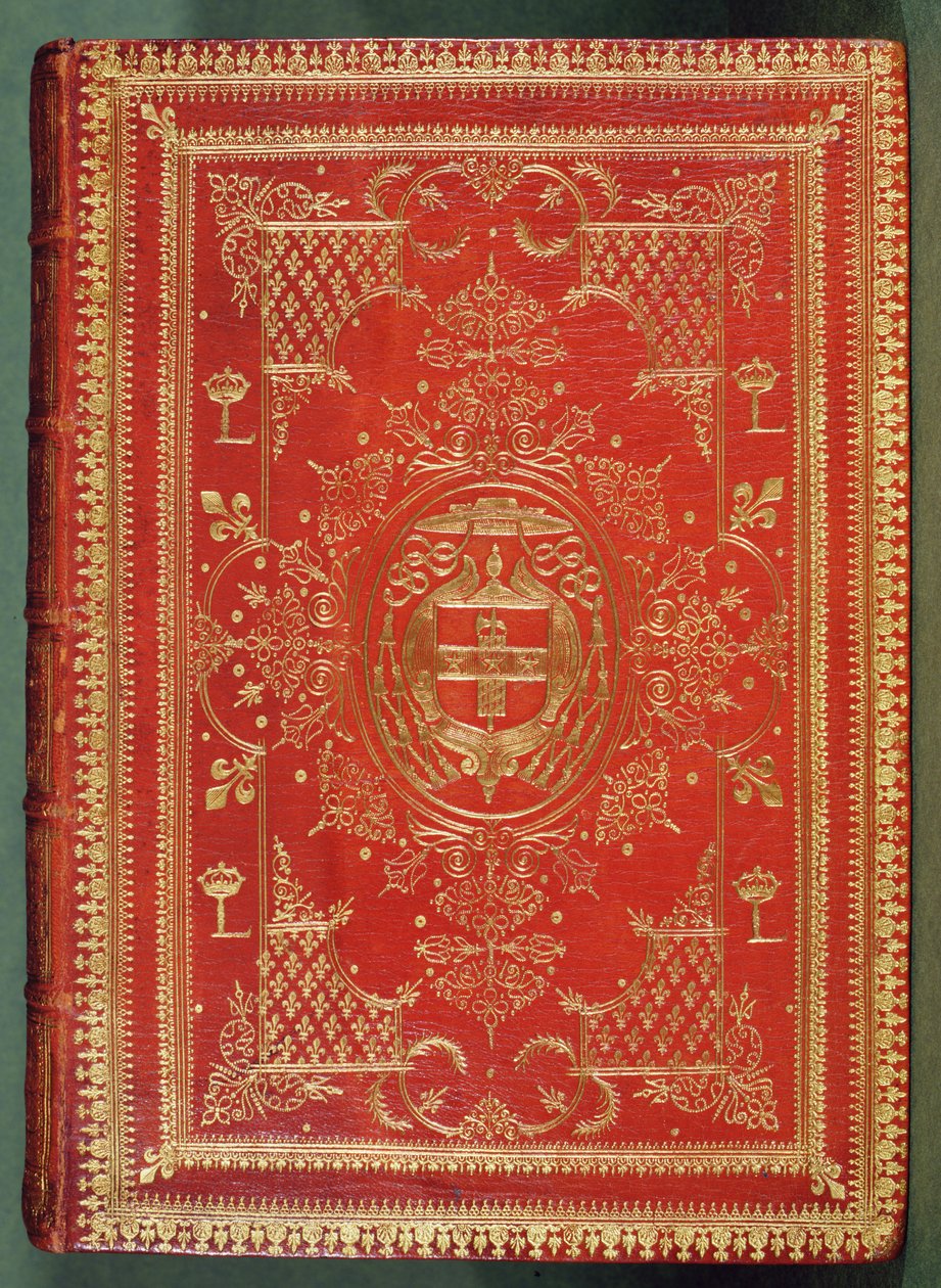 Omslag till en bok som ägs av kardinal Mazarin, med avslutningen visar kardinalernas armar av stjärnor och fasces, befäst av galerohatten och tofsarna från en kardinal (läder och förgyllning) av French School