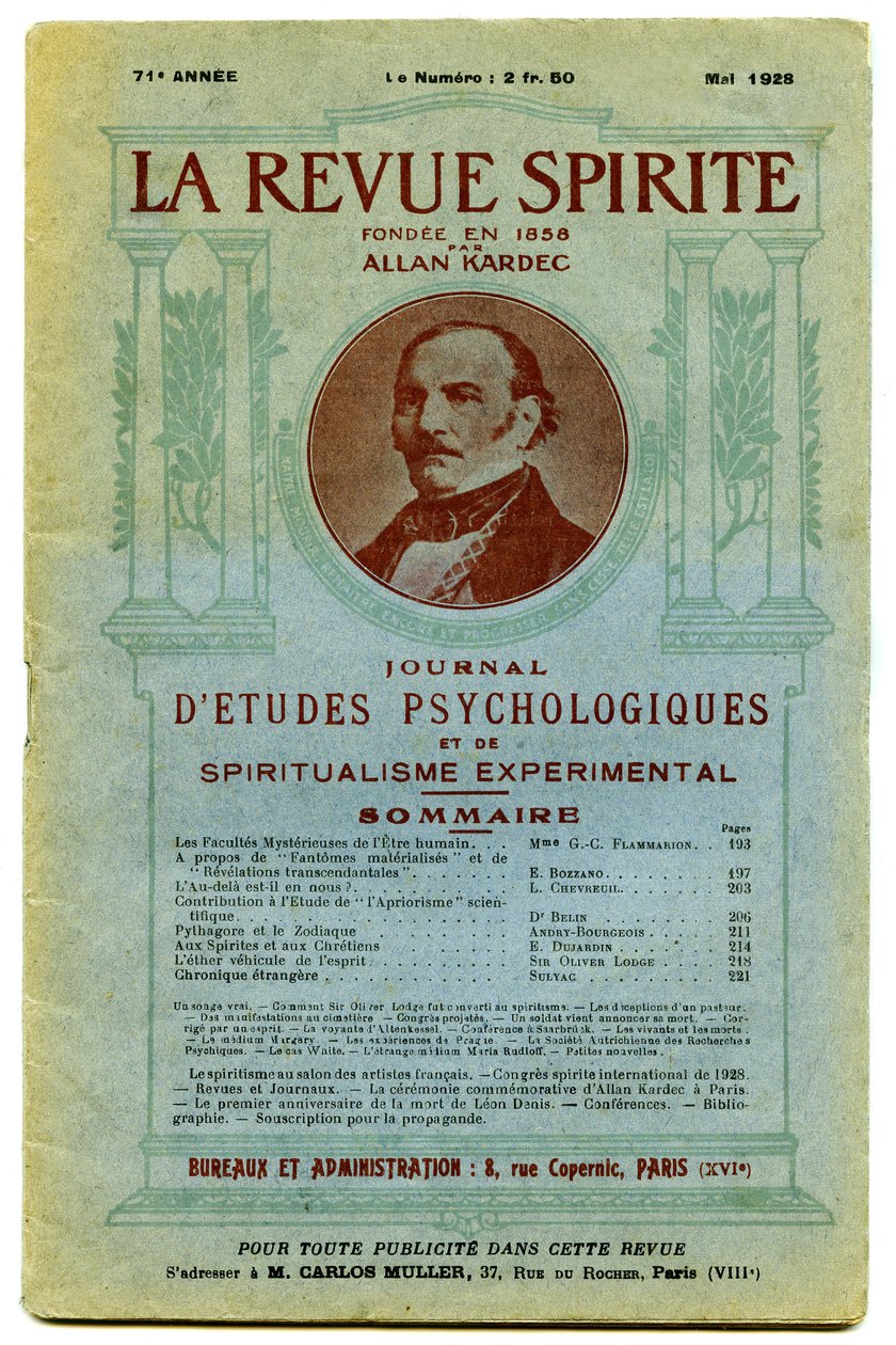 Omslag till ett antal "" La revue spirite ", en kvartalstidning tillägnad spritism, psykologiska studier och experimentell spiritualism, grundad av Allan Kardec av French School