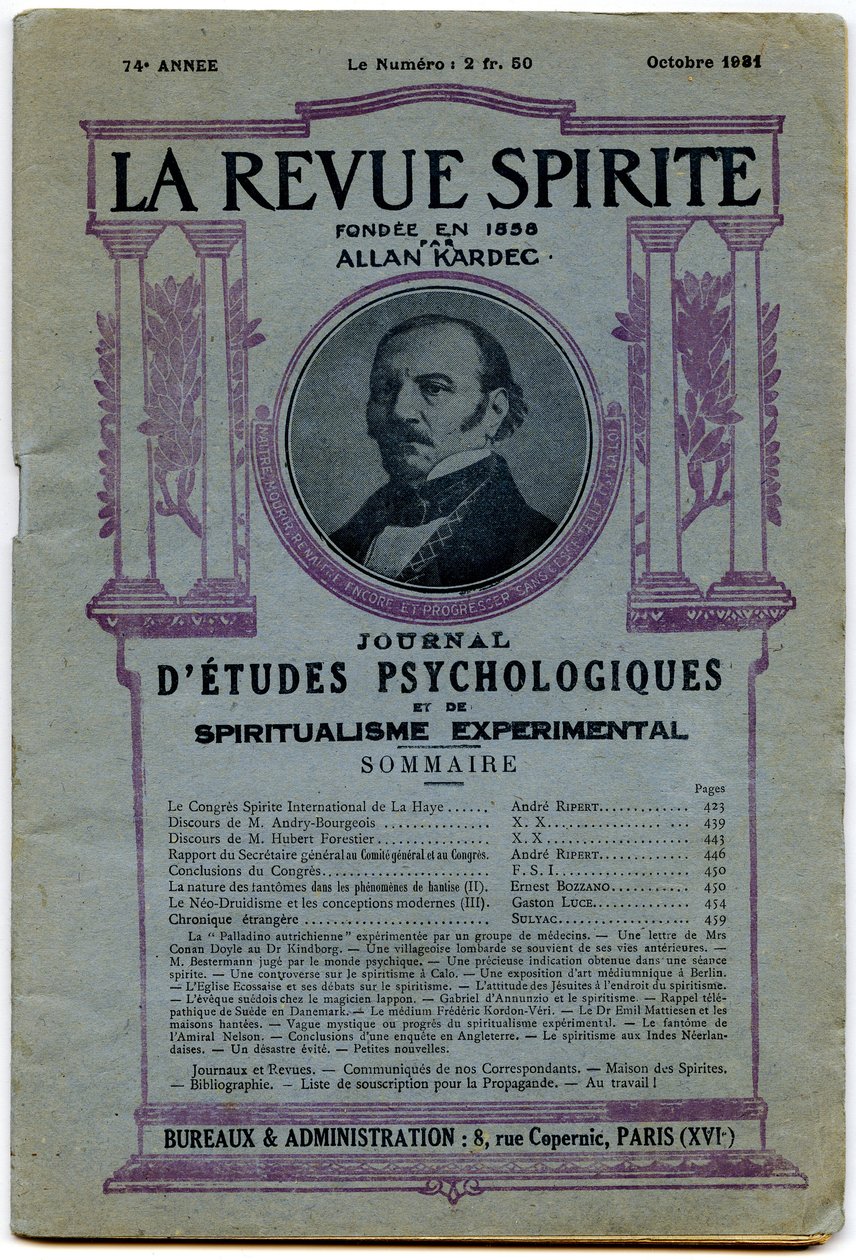 Omslag till ett antal "" La revue spirite "", porträtt av grundaren Allan Kardec, tidskrift från oktober 1931 av French School