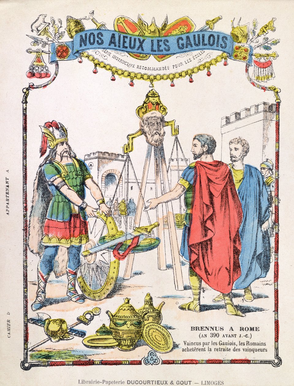 Omslag till skolövningsbok som visar legenden om Brennus (fl. ca 389 f.Kr.) av French School