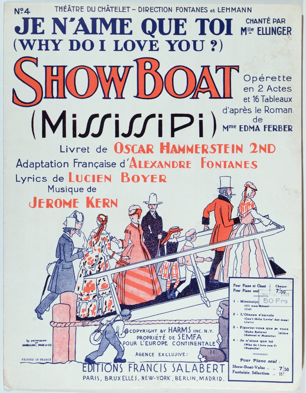 Omslag till partitur till operetten Showboat, producerad på Theatre du Chatelet 1928 av French School