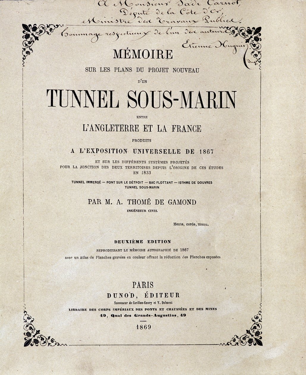 Omslag till "" Memoire om planerna för det nya projektet för en undervattenstunnel (Underwater) mellan England och Frankrike producerad vid världsutställningen 1867"" av M.A. Thome de Gamond av French School