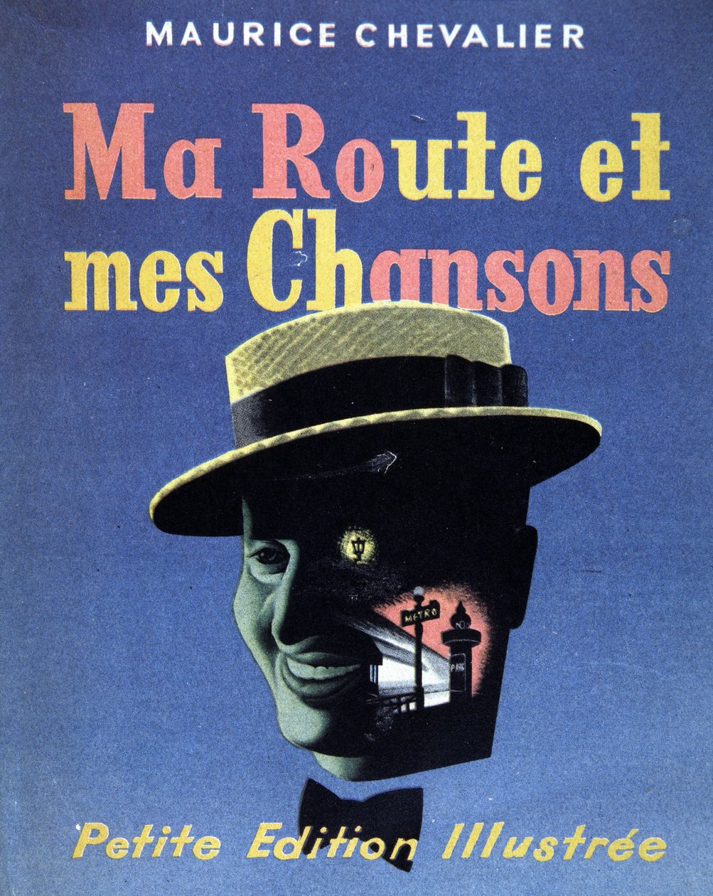 Omslag till boken "Min väg och mina sånger" av Maurice Chevalier av French School