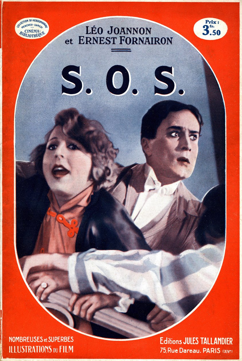 Omslaget till boken S.O.S. (SOS) med en bild av filmen med samma namn av Carmine Gallone. Illustration av förkortningen av call for help, nödsignal från morsealfabetet trädde i kraft 1908. Edition Jules Tallandier (litho) av French School