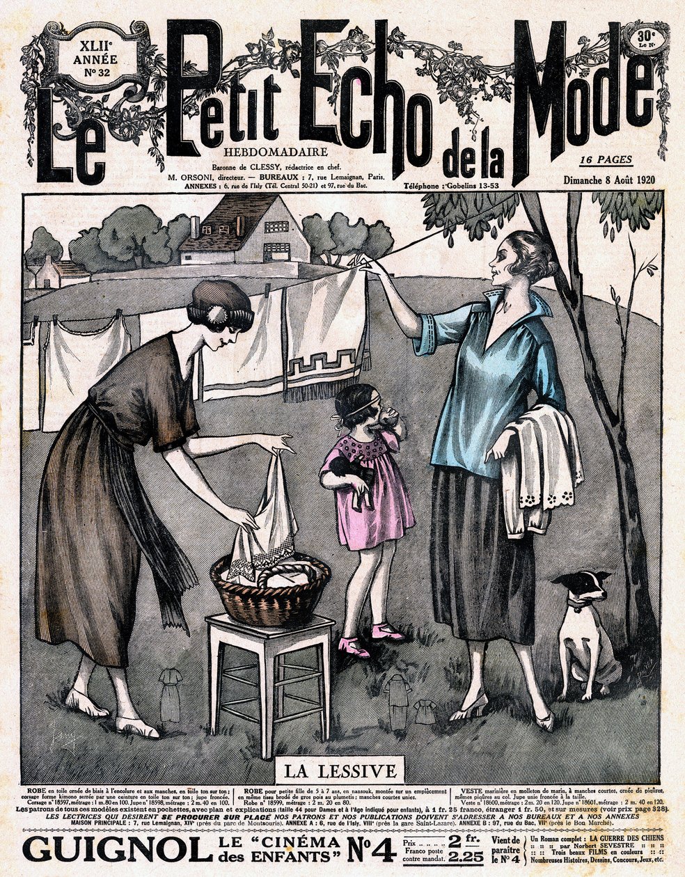 Omslag till tidningen "" Le petit echo de la mode "" la tvättmedel - två kvinnor med en flicka och en hund breder ut linne som lagts på tork på en tråd utanför, nr 32 den 8 augusti av French School