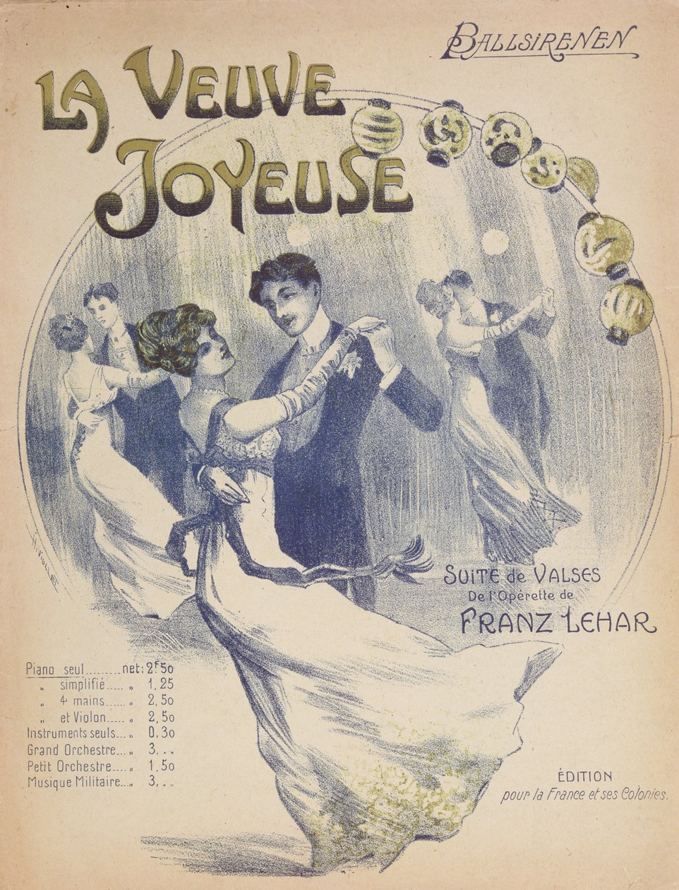 Omslag till notbladet för La Valse Ballsirenen från The Merry Widow av Franz Lehar (1870-1948) av French School