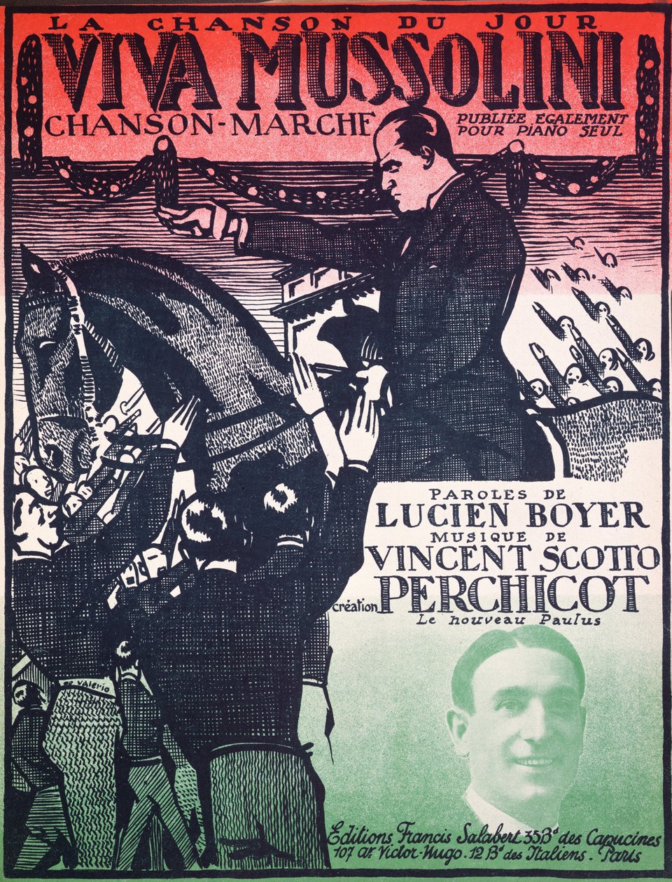 Omslag till notbladet av Viva Mussolini av Vincent Scotto (1876-1952) och Lucien Boyer, 1920-talet av French School