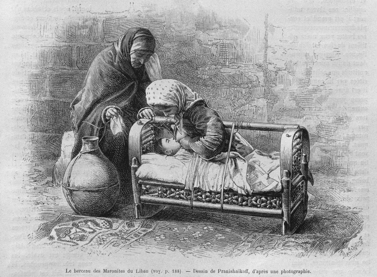 Vagga till maroniterna, från Syrien idag. Reser i Fenicien, Libanon och Judéen. 1875-1880 av Louis Charles Emile Lortet, 1884 (bw gravyr) av French School