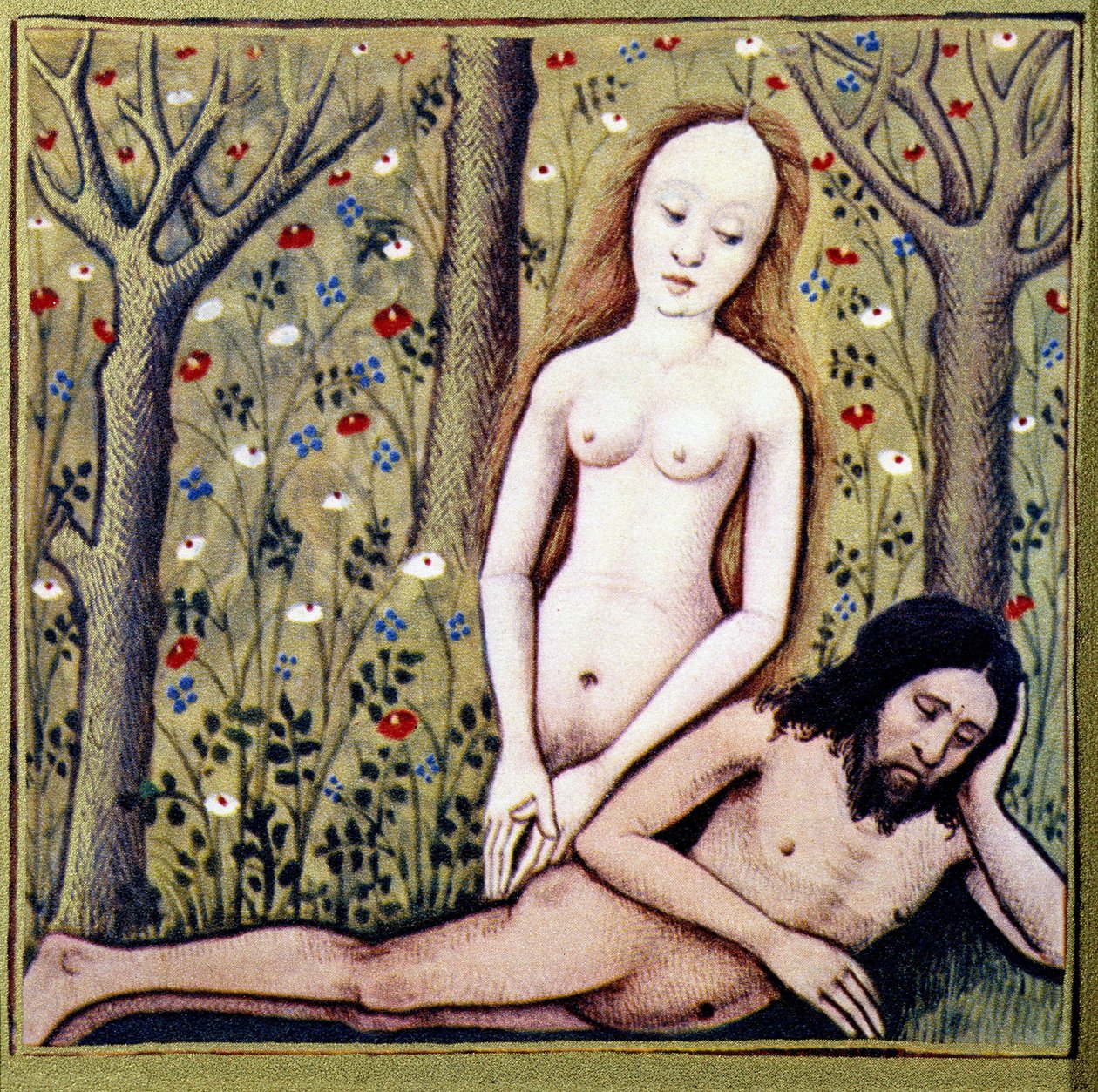 Skapelsen av Adams lår Eva - efter "Des dames de renom" av Boccace, chromo. av French School