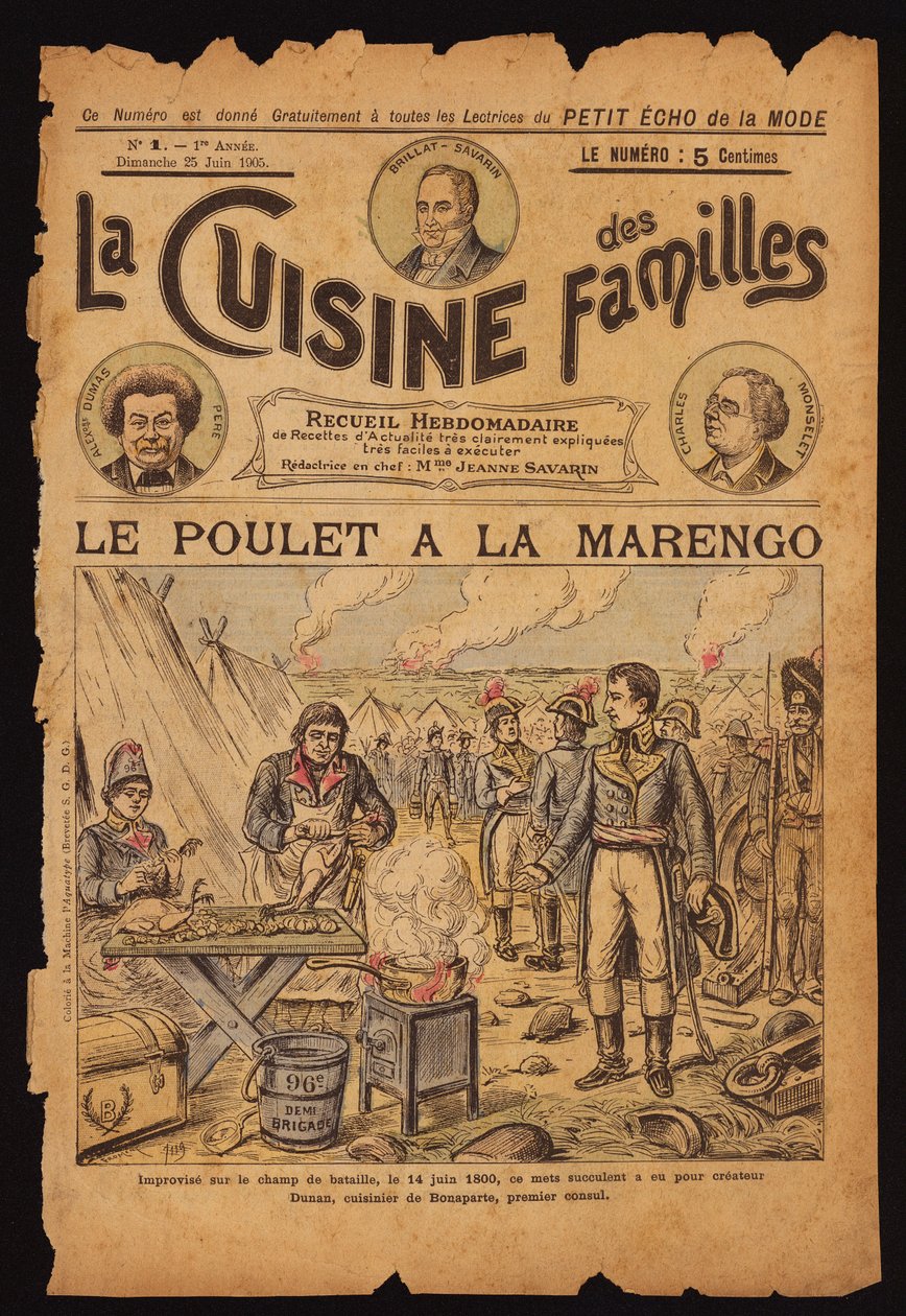 Skapande av kyckling Marengo (gravyr i färg) av French School