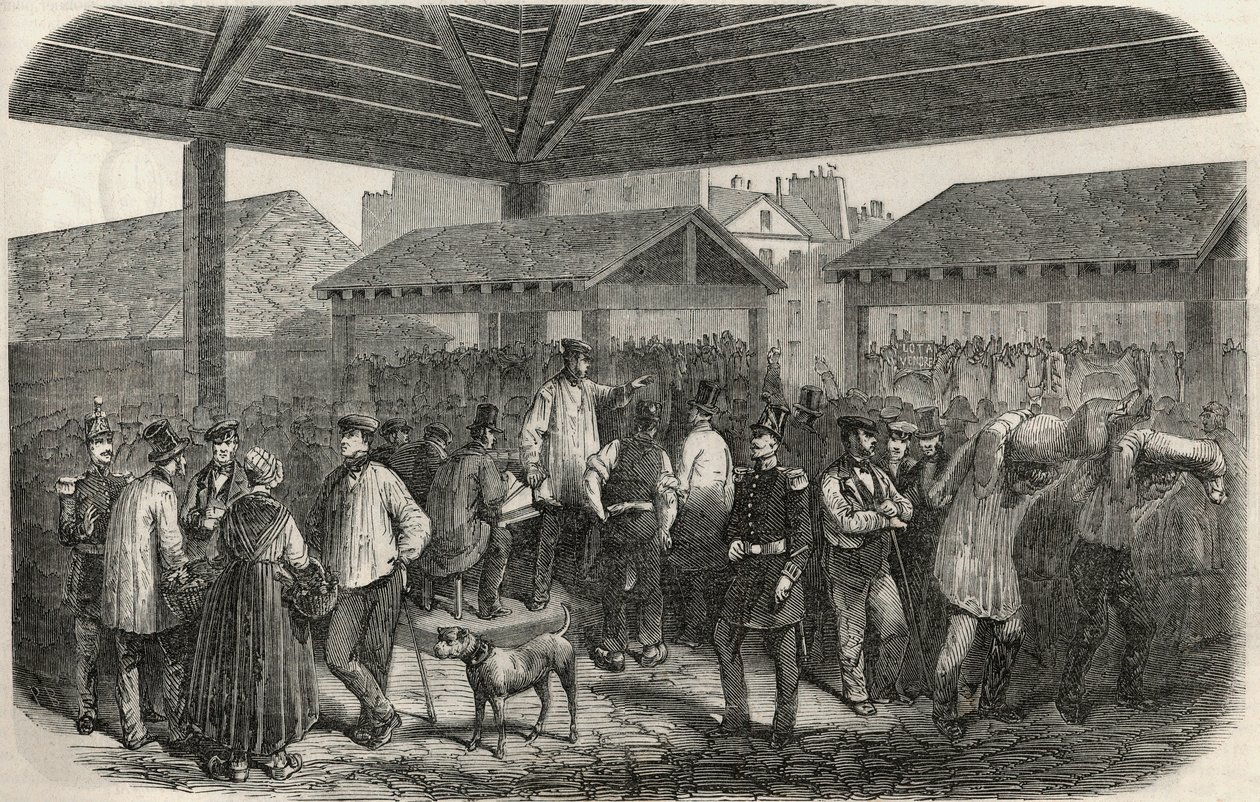Skapar slaktarkött på marknaden i rue des Prouvaires i 1:a arrondissementet i Paris - Gravyr i "Tableau-de-Paris"" av Edmond Texier 1852 av French School