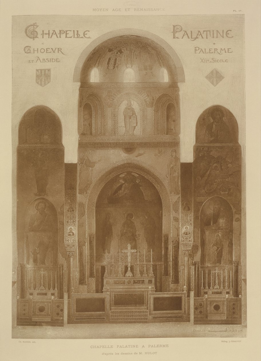 Tvärsnitt från östra änden av Palatinska kapellet, Palermo, Sicilien, från Fragments dArchitecture du Moyen Age et de la Renaissance, graverad av Jules Adolphe Chauvet (f.1828) av French School