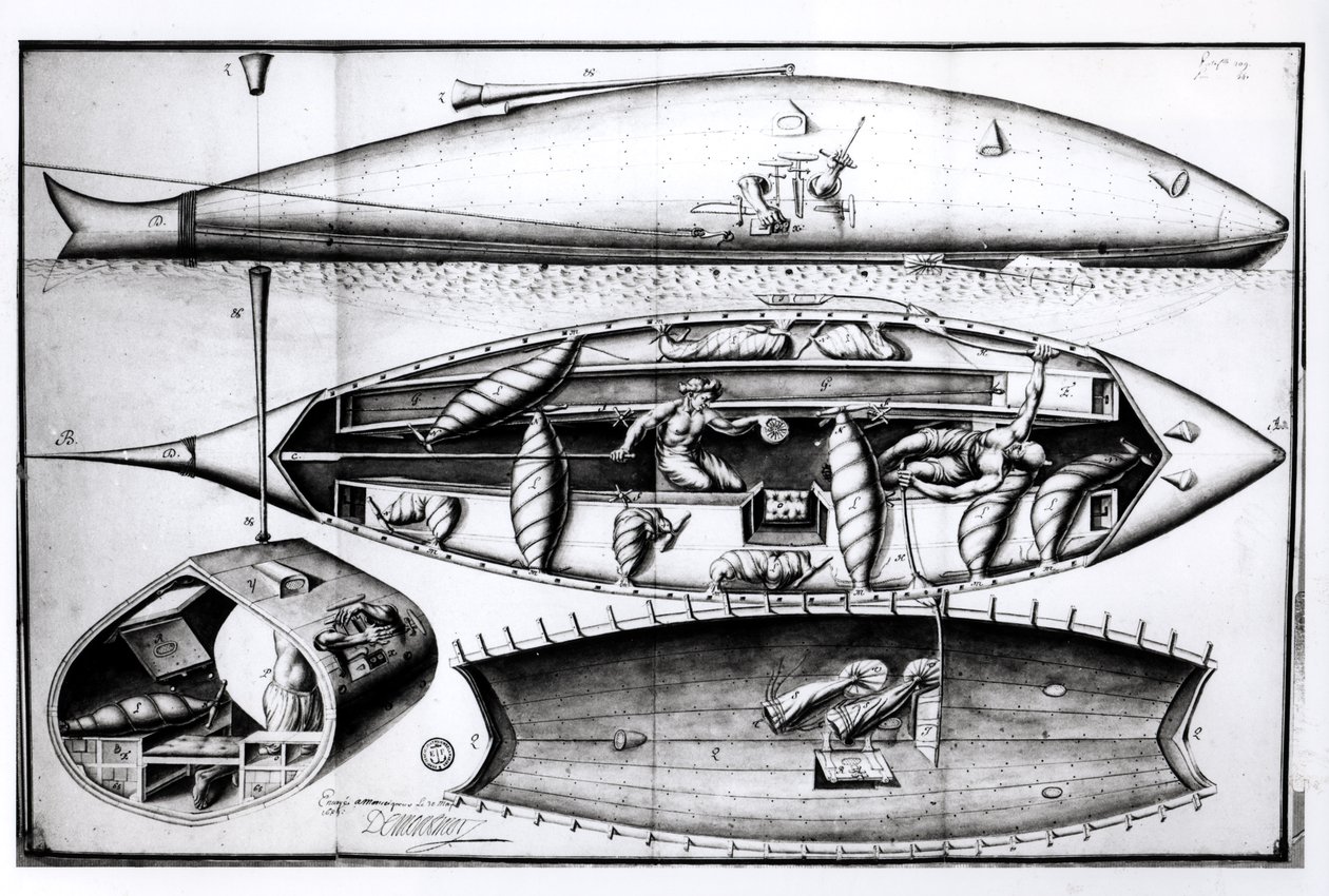 Tvärsnitt av en ubåt, från ett manuskript, mars 1689 av French School