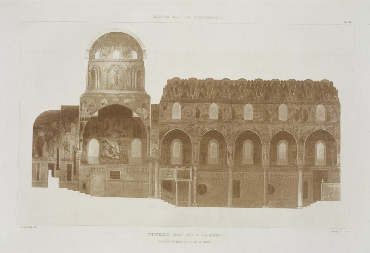 Tvärsnitt av Palatinska kapellet, Palermo, Sicilien, från Fragments dArchitecture du Moyen Age et de la Renaissance, graverad av Jules Adolphe Chauvet (f.1828) av French School
