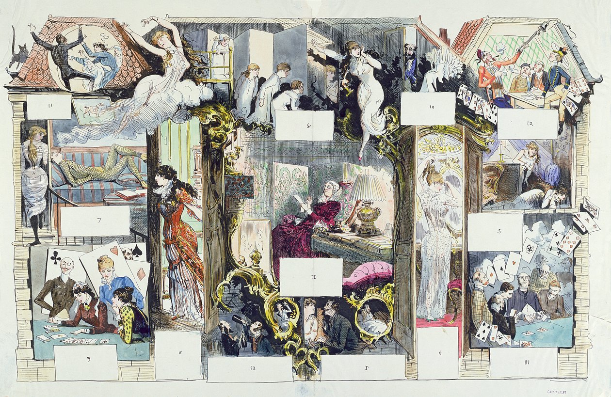 Tvärsnitt av ett parisiskt hus, illustration från La Vie Parisienne, ca 1875 (färgstick) av French School