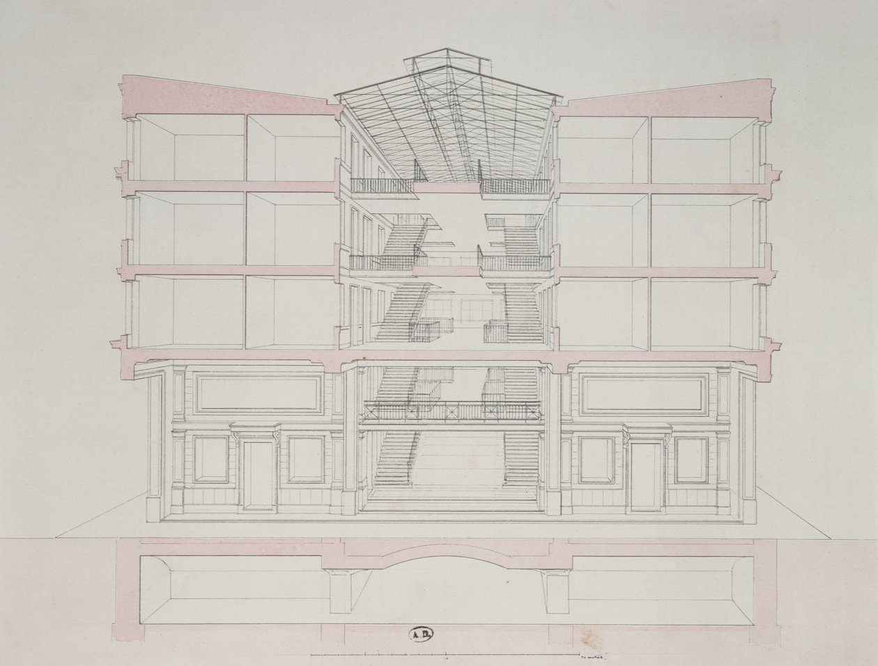 Tvärsnitt av ett hus i Napoleons bostadsområde, 58 rue Rochechouart, Paris, 1849 av French School